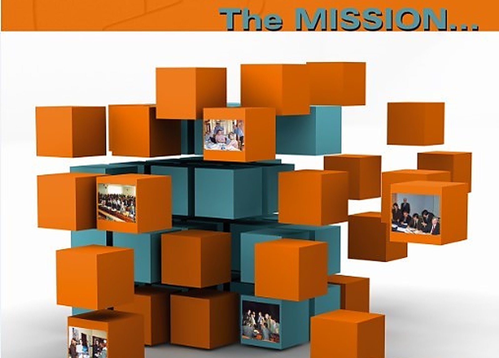 FLAG mission graphic: a collage of cubes representing the foundation's work, with photos of local governance activities